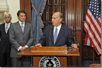 His Highness the Aga Khan addressing the media prior to the signing of the Memorandum of Understanding between the University of Texas and the Aga Khan University, as Governor Rick Perry of Texas listens intently.
