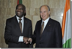 His Highness the Aga Khan meeting with President Laurent Gbagbo of the Republic of Côte d’Ivoire at the Presidential Palace in Abidjan.