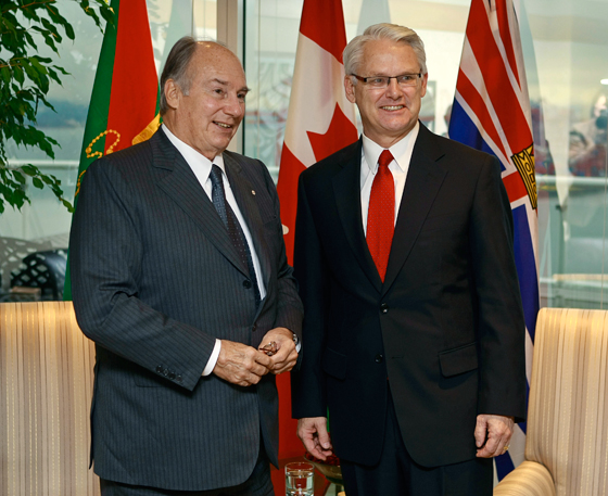 Premier Gordon Campbell hosted His Highness the Aga Khan for a meeting and luncheon with community, education and business leaders during the Aga Khan's visit to British Columbia as part of his Golden Jubilee celebration. The Aga Khan is the Imam (spiritual leader) of the Shia Imami Ismaili Muslims.