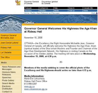 Governor General Welcomes His Highness the Aga Khan at Rideau Hall