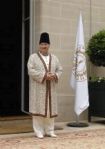 Mawlana Hazar Imam wearing ceremonial regalia outside his residence as he greets the leaders of the global Ismaili Muslim community. Photo: AKDN/Gary Otte