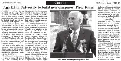 Canadian Asian News: Aga Khan University to build new campuses: Firoz Rasul
