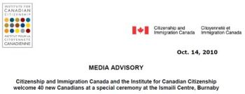 Citizenship and Immigration Canada and the Institute for Canadian Citizenship welcome 40 new Canadians at a special ceremony at the Ismaili Centre, Burnaby