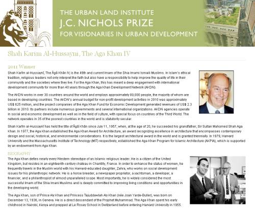 2011 J.C.Nichols Prize Winner: Shah Karim Al-Hussayni, The Aga Khan IV 2011 J.C.Nichols Prize Winner: Shah Karim Al-Hussayni, The Aga Khan IV