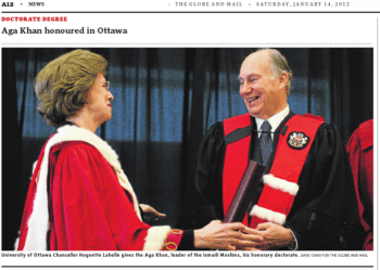 The Globe & Mail - January 14 - Page A12: DOCTORATE DEGREE: Aga Khan honoured in Ottawa