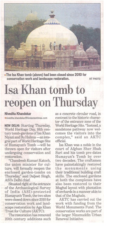 World Heritage Day: Integral part of Humayun's Tomb, Isa Khan Tomb to reopen in New Delhi, India - Conservation and Landscape restoration by Aga Khan Trust for Culture