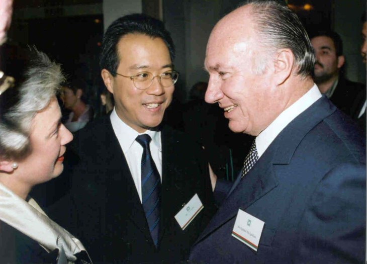 November 2001 His Highness the Aga Khan (right) with Yo-Yo Ma (centre) and Catherine Gevers (left), a Member of the Board of the Silk Road Project, Inc.