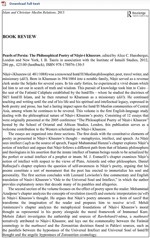 Book Review by Khalil Andani: Pearls of Persia: The Philosophical Poetry of Nāṣir-i Khusraw Book Review by Khalil Andani: Pearls of Persia: The Philosophical Poetry of Nāṣir-i Khusraw