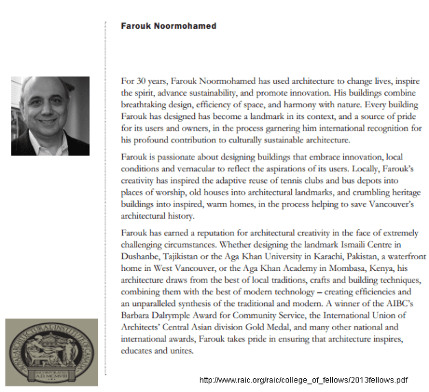 Farouk Noormohamed: Royal Architectural Institute of Canada (RAIC) - College of Fellows 2013 Farouk Noormohamed: Royal Architectural Institute of Canada (RAIC) - College of Fellows 2013