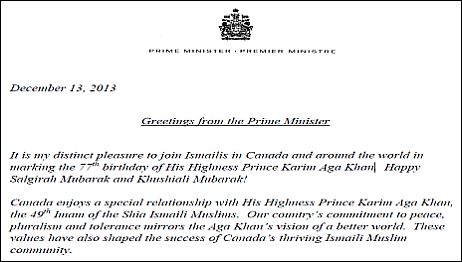 Prime Minister of Canada, The Rt. Hon. Stephen Harper sends Salgirah/Birthday Greetings to His Highness Prince Karim Aga Khan