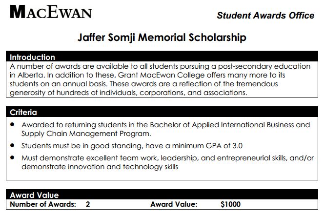 Jaffer Somji Memorial Scholarship established at Grant McEwan College