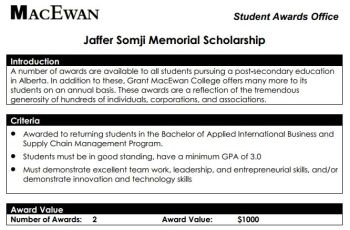 Jaffer Somji Memorial Scholarship established at Grant McEwan College