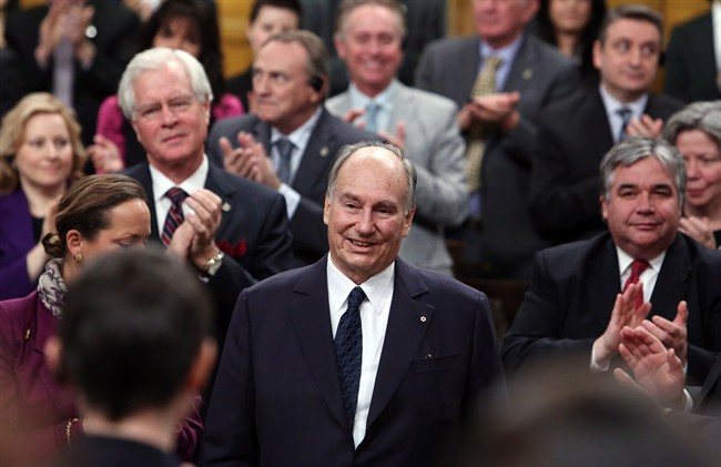 The Aga Khan, spiritual leader of the world's 15-million Shia Ismaili Muslims, receives a standing ovation from the House of Commons, on Parliament Hill in Ottawa, Thursday February 27, 2014. THE CANADIAN PRESS/Fred Chartrand