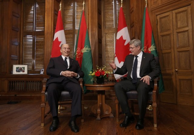 Canada's PM Harper with the Aga Khan during a meeting on Parliament Hill in Ottawa
