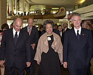 May 19, 2004: His Highness the Aga Khan, Governor General Adrienne Clarkson and Paul Desmarais, Jr, Conference Chair, on their way into the main hall of the Canadian Museum of Civilization where the Aga Khan delivered the key note speech at the leadership conference.