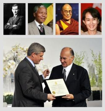 His Highness the Aga Khan among the five in Canada's history to be honoured with the Honorary Canadian Citizenship. Aga Khan/Stephen Harper. Top: Swedish diplomat Raoul Wallenberg (posthumously in 1985); former South Africa president and Nobel laureate Nelson Mandela (2001); the Dalai Lama (2006); and pro-democracy icon Aung San Suu Kyi (2007), a Nobel laureate (Photo: TheIsmaili.org)