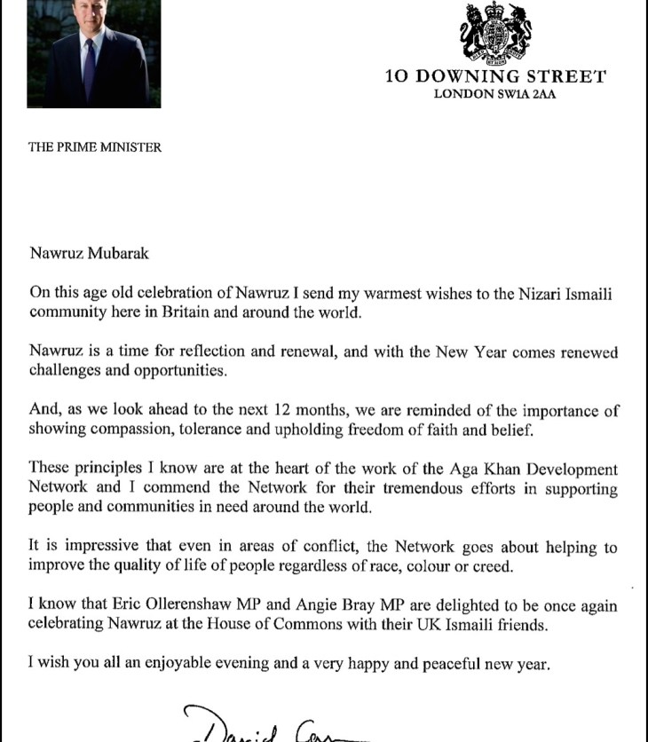 UK Prime Minister David Cameron sends personal message of good wishes to the Ismaili Community on the occasion of Nawruz
