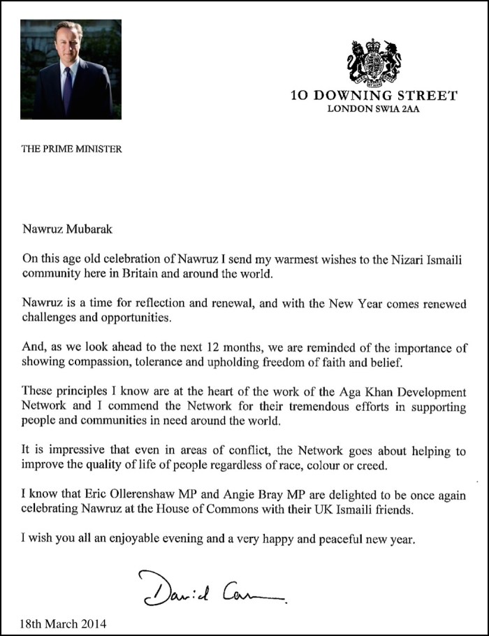UK Prime Minister David Cameron sends personal message of good wishes to the Ismaili Community on the occasion of Nawruz