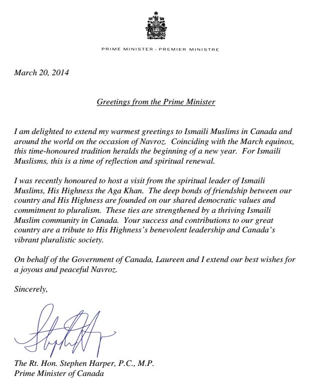 Canadian Prime Minister Stephen Harper sends best wishes for a joyous and peaceful Navroz to the Ismaili Community