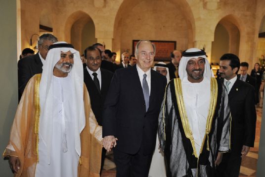 Photo from file - 2008-03-26: His Highness Prince Karim Aga Khan arrives with His Highness Sheikh Nahyan bin Mubarak Al Nahyan (left) and His Highness Sheikh Ahmed bin Saeed Al Maktoum for the Opening Ceremony of the Ismaili Centre Dubai. (Gary Otte/TheIsmaili.org)