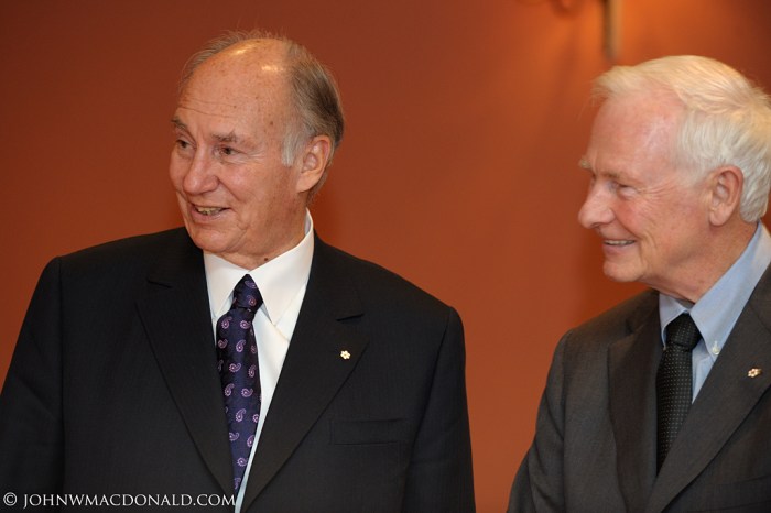 His Highness the Aga Khan and Canada's Governor General, David Johnston, pictured at Rideau Hall in Ottawa, on October 7, 2010. The Aga Khan was in Ottawa on the occasion of the inaugural board meeting of the Global Centre for Pluralism. David Johnston became the 28th Governor General on October 1, 2010. In 1983, he was the Principal and Vice Chancellor of McGill when the University conferred an Honorary Degree of Laws on the Aga Khan. (John W. MacDonald) His Highness the Aga Khan and Canada's Governor General, David Johnston, pictured at Rideau Hall in Ottawa, on October 7, 2010. The Aga Khan was in Ottawa on the occasion of the inaugural board meeting of the Global Centre for Pluralism. David Johnston became the 28th Governor General on October 1, 2010. In 1983, he was the Principal and Vice Chancellor of McGill when the University conferred an Honorary Degree of Laws on the Aga Khan. (John W. MacDonald)