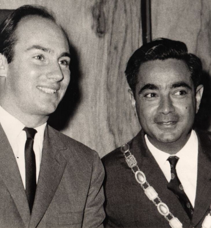 Hazar Imam pictured with Mohamedali Natha Hirji, the former Mayor of Moshi in northern Tanzania, during a visit to the town in 1068.