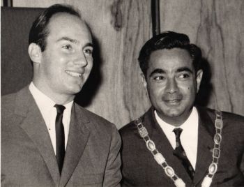 Hazar Imam pictured with Mohamedali Natha Hirji, the former Mayor of Moshi in northern Tanzania, during a visit to the town in 1068.