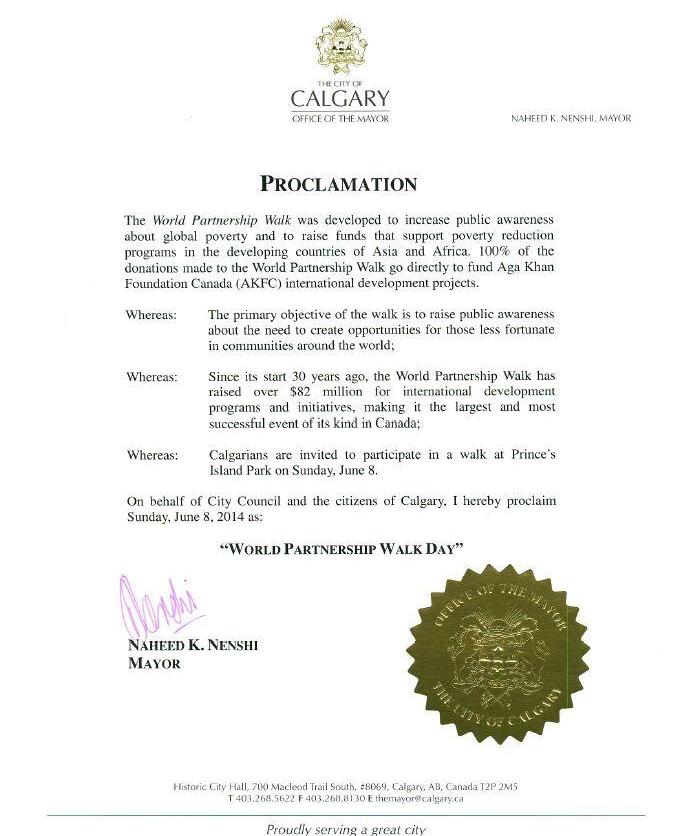 Mayor of Calgary Canada proclaims June 8 2014 as World Partnership Walk Day