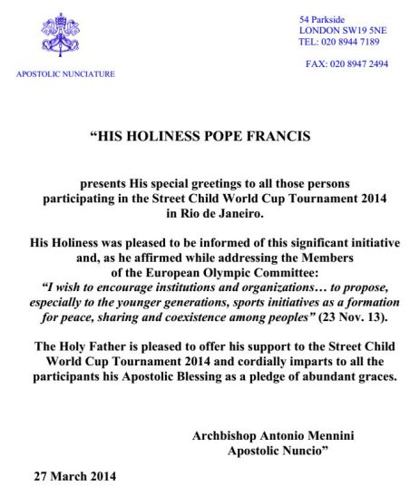 His Holiness Pope Francis sends special greetings to Street Child World Cup Tournament participants