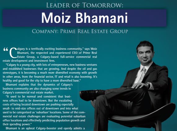 Moiz Bhamani, CEO, Prime Real Estate Group, win’s Calgary’s most respected ‘Leader’s of Tomorrow Award’