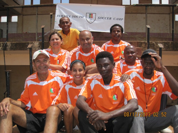 Seated from Top – left to right: Amyn Bhulji Shain Bhulji, Amin Kanji & John Mmbando (the Head of YES Tanzania – NGO – the Lead Co-ordinator) Alnoor (Bunju) Virani, Hannah Jiwani and Lawrance Manyonyi (Moshi Football Assoc.) Isack Gamba and Hamad Haule (the local coaches)
