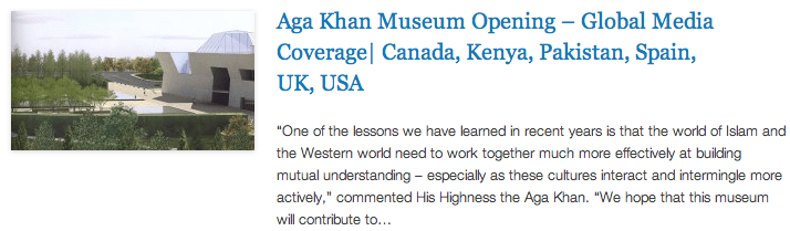 Aga Khan Museum Opening – Global Media Coverage - Canada, Kenya, Pakistan, Spain, UK, USA