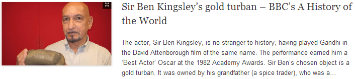 Sir Ben Kingsley’s gold turban – BBC’s A History of the World