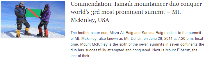 Commendation: Ismaili mountaineer duo conquer world’s 3rd most prominent summit – Mt. Mckinley, USA