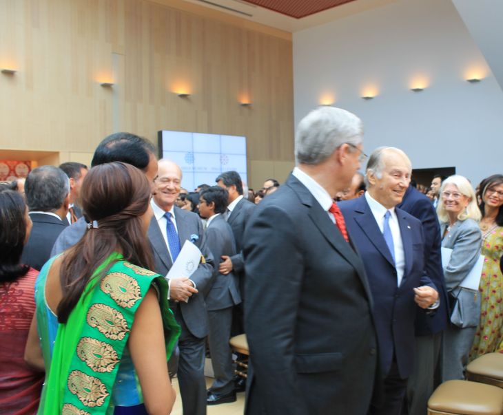 Mowlana Hazar Imam with Canadian Prime Minister Stephen Harper departing after declaring the Ismaili Centre, Toronto open. [Image © Ismailimail/AM]