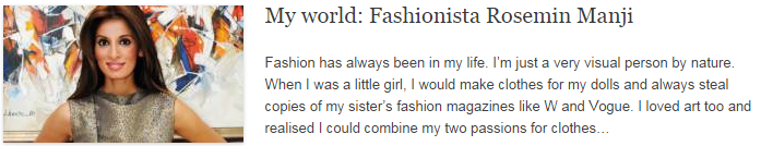 My world: Fashionista Rosemin Manji