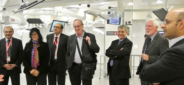 Aga Khan University representatives visit the Cumming School of Medicine simulation lab. From left: Salim Hasham, Farzana Karim-Haji, Aziz Jan, Keith Cash, Farhat Abbas, Lee Hilling and Khalil Shariff. Photo by Daniela Andrei, University of Calgary International 