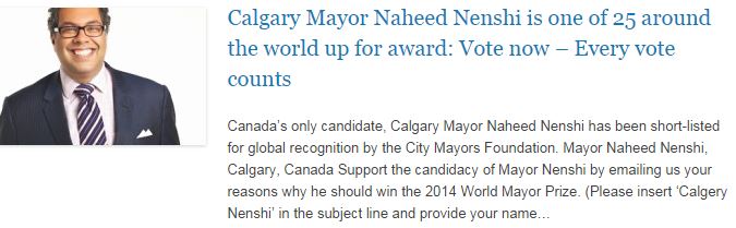 Calgary Mayor Naheed Nenshi is one of 25 around the world up for award - Vote now – Every vote counts
