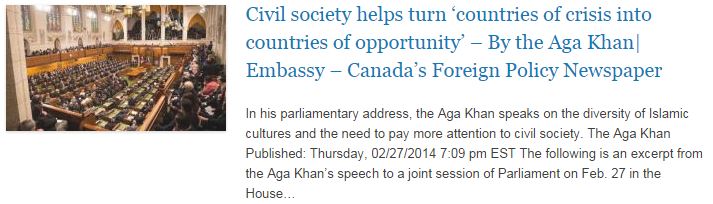 Civil society helps turn ‘countries of crisis into countries of opportunity’ – By the Aga Khan - Embassy – Canada’s Foreign Policy Newspaper