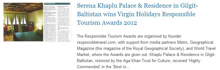 Serena Khaplu Palace & Residence in Gilgit-Baltistan wins Virgin Holidays Responsible Tourism Awards 2012