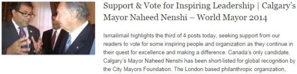 Support n Vote for Inspiring Leadership - Calgary’s Mayor Naheed Nenshi – World Mayor 2014