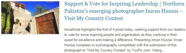 Support n Vote for Inspiring Leadership - Northern Pakistan’s emerging photographer Imran Hunzai – Visit My Country Contest