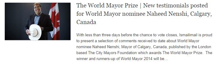 The World Mayor Prize - New testimonials posted for World Mayor nominee Naheed Nenshi, Calgary, Canada