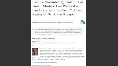 Event - November 13 | Institute of Ismaili Studies: Live Webcast - Pandora’s Sectarian Box: Myth and Reality by Dr. Amyn B. Sajoo