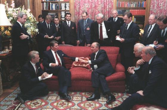 The late US President Ronald Reagan meeting with Soviet General Secretary Gorbachev at His Highness the Aga Khan's Vila