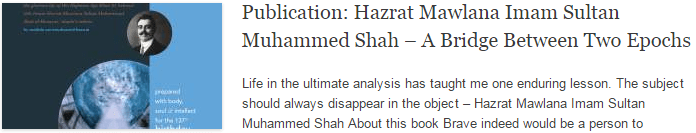 Publication: Hazrat Mawlana Imam Sultan Muhammed Shah – A Bridge Between Two Epochs Publication: Hazrat Mawlana Imam Sultan Muhammed Shah – A Bridge Between Two Epochs