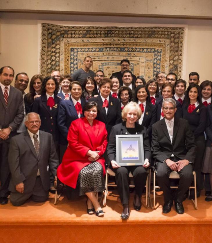 On Saturday November 15, the Right Honourable Kim Campbell, former Prime Minister of Canada, (front row and seated in the middle, holding picture frame) delivered the 2014 Ismaili Centre Lecture at the Ismaili Centre in Vancouver. (Image via Ismaili Institutions for Canada / Azim Verjee and Sultan Baloo)