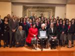 On Saturday November 15, the Right Honourable Kim Campbell, former Prime Minister of Canada, (front row and seated in the middle, holding picture frame) delivered the 2014 Ismaili Centre Lecture at the Ismaili Centre in Vancouver. (Image via Ismaili Institutions for Canada / Azim Verjee and Sultan Baloo)