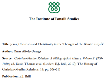 Jesus, Christians and Christianity in the Thought of the Ikhwān al-Ṣafāʾ