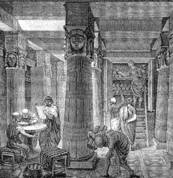 Artistic rendering of the Library of Alexandria, based on archaeological evidence. O. Von Corven, 19th century